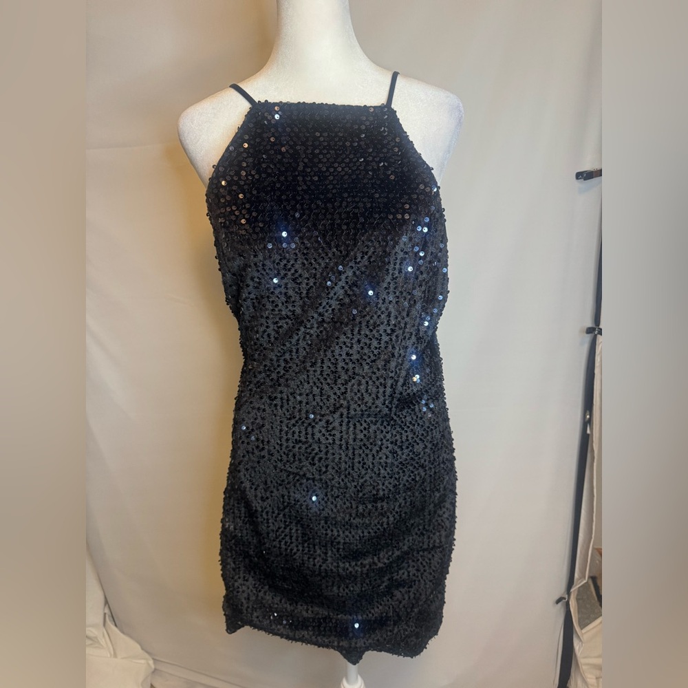 Express Black Sequin Mini Dress, Variable Strap Length,Sleeveless